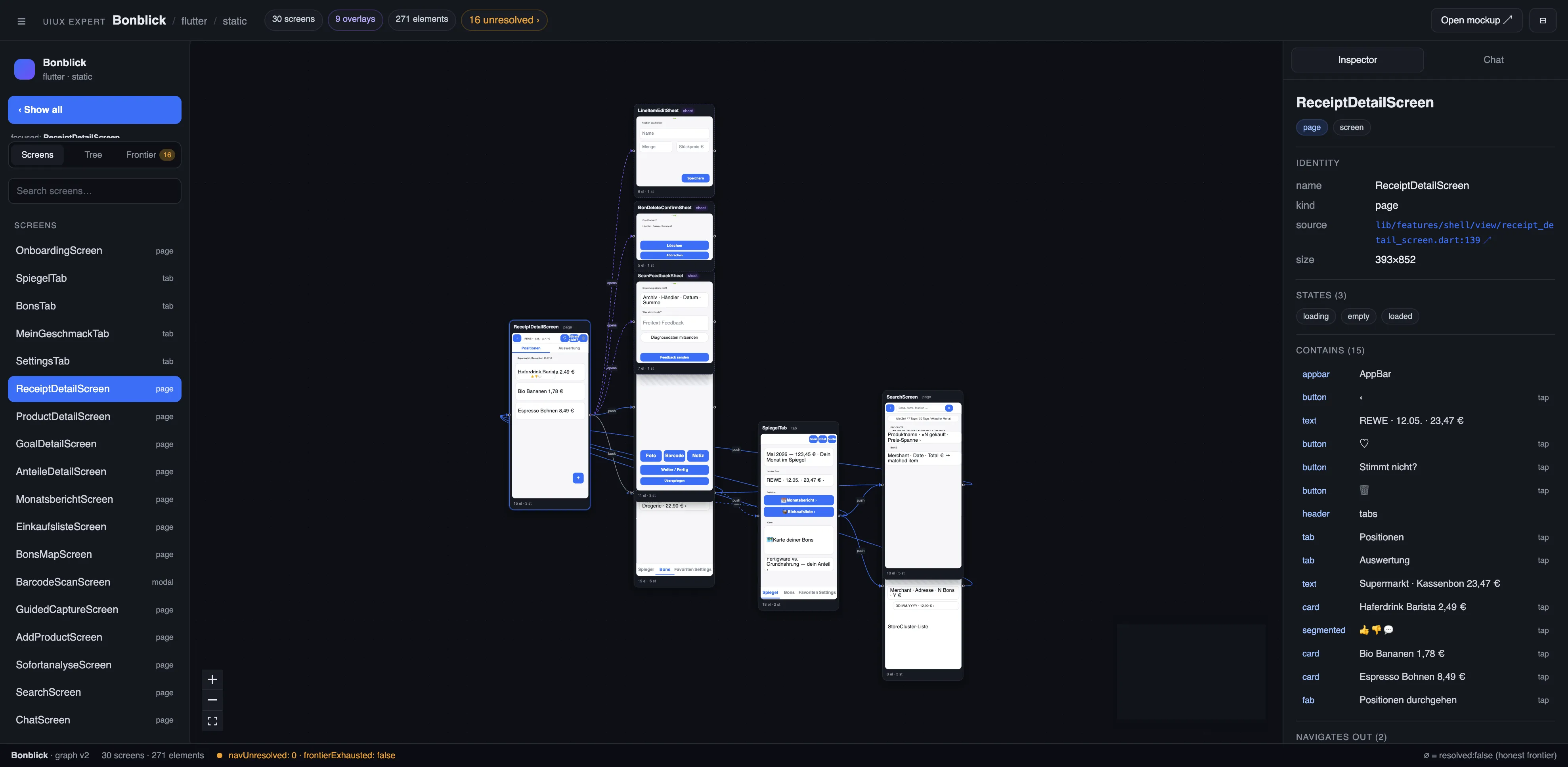 UIUX Expert — a focused screen and its direct connections on the graph canvas